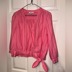 Madewell Wrap Top Womens S Pink Striped Cotton Crop Puff Sleeve V Neck Boho